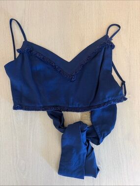 Pitaya Navy Blue Fringe Tie-Back Crop Top